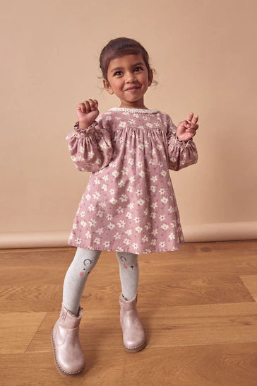 |Girl| Conjunto De Vestido e Meia-Calça 100% Algodão Com Gola De Renda - Floral Roxo Lilás (3 meses a 8 anos)