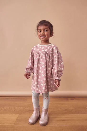 |Girl| Conjunto De Vestido e Meia-Calça 100% Algodão Com Gola De Renda - Floral Roxo Lilás (3 meses a 8 anos)