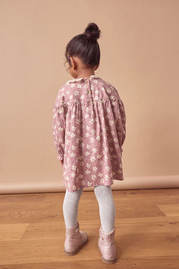 |Girl| Conjunto De Vestido e Meia-Calça 100% Algodão Com Gola De Renda - Floral Roxo Lilás (3 meses a 8 anos)