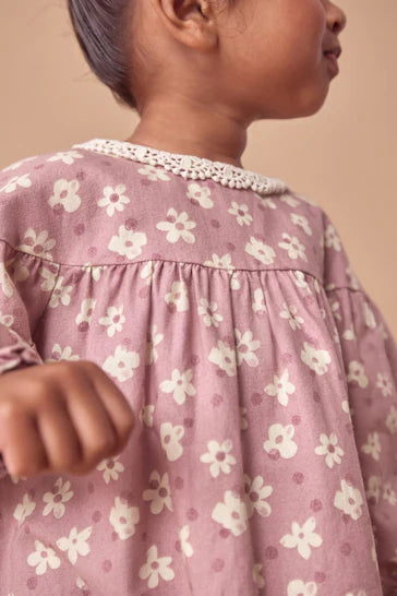 |Girl| Conjunto De Vestido e Meia-Calça 100% Algodão Com Gola De Renda - Floral Roxo Lilás (3 meses a 8 anos)