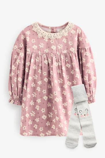 |Girl| Conjunto De Vestido e Meia-Calça 100% Algodão Com Gola De Renda - Floral Roxo Lilás (3 meses a 8 anos)