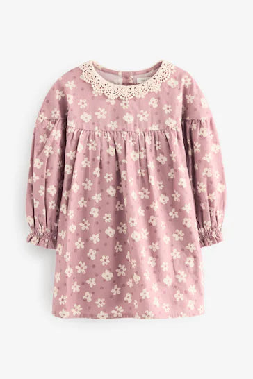 |Girl| Conjunto De Vestido e Meia-Calça 100% Algodão Com Gola De Renda - Floral Roxo Lilás (3 meses a 8 anos)