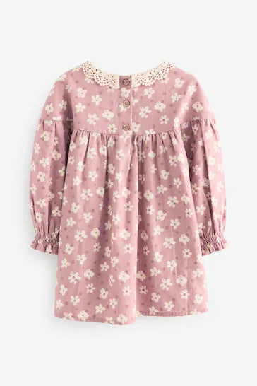 |Girl| Conjunto De Vestido e Meia-Calça 100% Algodão Com Gola De Renda - Floral Roxo Lilás (3 meses a 8 anos)