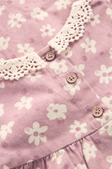 |Girl| Conjunto De Vestido e Meia-Calça 100% Algodão Com Gola De Renda - Floral Roxo Lilás (3 meses a 8 anos)