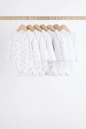 |BabyBoy| Macacões Brancos Delicados Com Estampa Animal De Manga Comprida Para Bebês, Pacote Com 7
