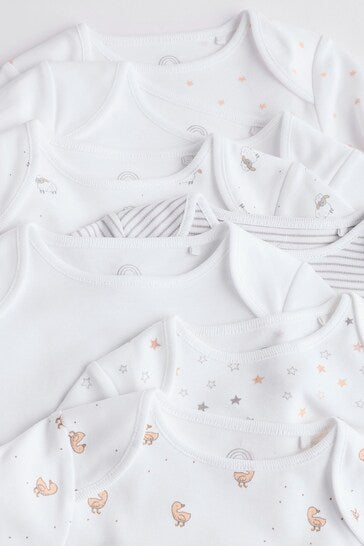 |BabyBoy| Macacões Brancos Delicados Com Estampa Animal De Manga Comprida Para Bebês, Pacote Com 7