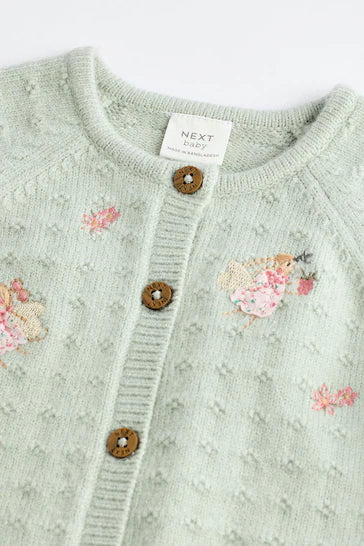 |BabyGirl| Cardigã Tricotado Para Bebê - Fada Verde Sálvia Bordada (0 meses a 3 anos)
