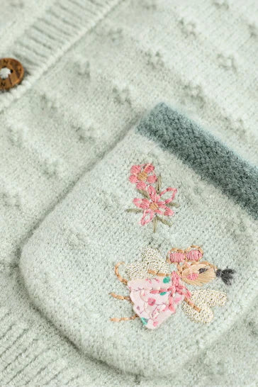 |BabyGirl| Cardigã Tricotado Para Bebê - Fada Verde Sálvia Bordada (0 meses a 3 anos)