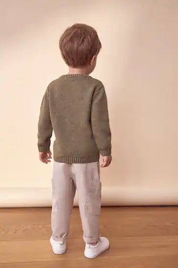 |Boy| Suéter Cáqui Verde Safari Animals Com Gola Redonda Tricotado 100% Algodão (3 meses a 7 anos)