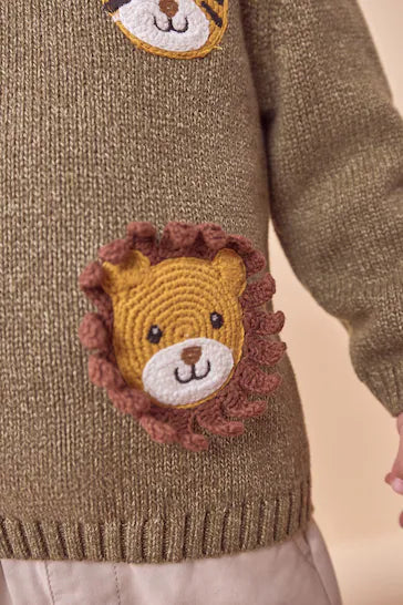 |Boy| Suéter Cáqui Verde Safari Animals Com Gola Redonda Tricotado 100% Algodão (3 meses a 7 anos)