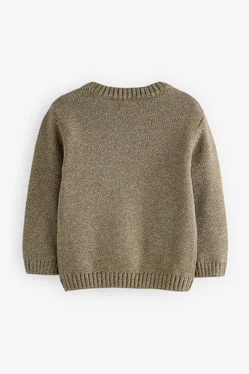 |Boy| Suéter Cáqui Verde Safari Animals Com Gola Redonda Tricotado 100% Algodão (3 meses a 7 anos)