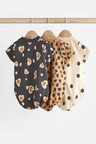 |BabyGirl| Macaquinho T-Shirt Para Bebê Pacote Com 3 - Estampa Animal Preta/Creme