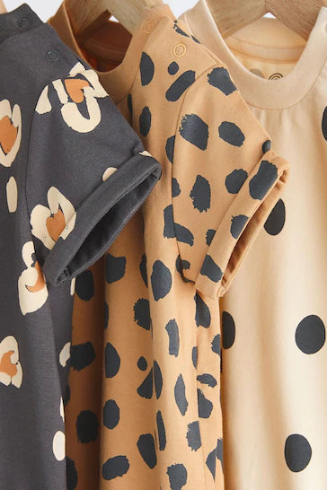 |Niña| Pack de 3 mamelucos tipo camiseta para bebé - Estampado animal Negro/Crema