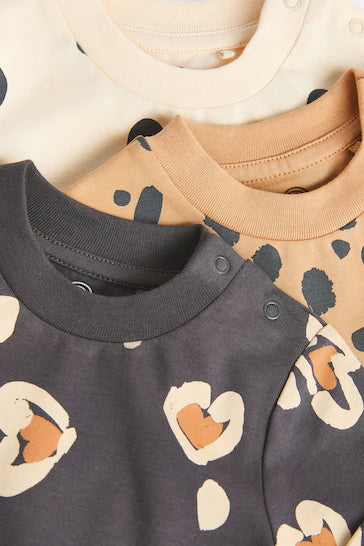 |BabyGirl| Macaquinho T-Shirt Para Bebê Pacote Com 3 - Estampa Animal Preta/Creme