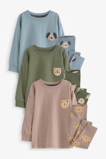 |Niño| Pijama Animal con Patas de Canalé Azul/Marrón/Verde Caqui, Pack de 3 (de 9 meses a 8 años)