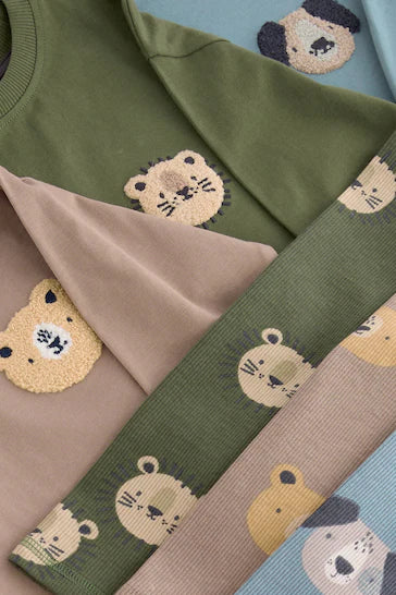 |Niño| Pijama Animal con Patas de Canalé Azul/Marrón/Verde Caqui, Pack de 3 (de 9 meses a 8 años)