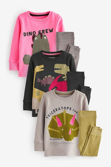 |Niña| Pack de 3 pijamas abrigados 100 % algodón - Dinosaurio rosa/verde (de 9 meses a 12 años)