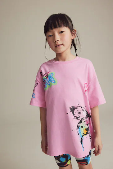 |BigGirl| Conjunto De Camiseta Oversized e Shorts De Ciclismo - Rosa (3-16 anos)