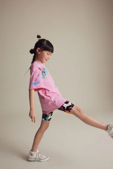 |BigGirl| Conjunto De Camiseta Oversized e Shorts De Ciclismo - Rosa (3-16 anos)