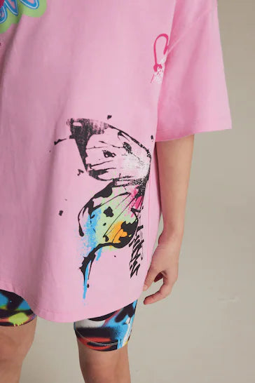 |BigGirl| Conjunto De Camiseta Oversized e Shorts De Ciclismo - Rosa (3-16 anos)