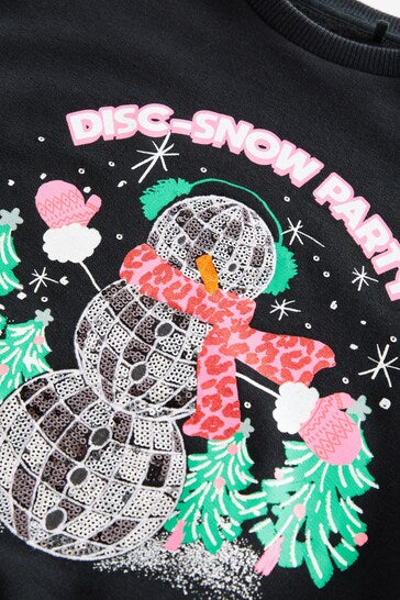|BigGirl| Natal Suéter De Moletom De Natal - Black Sequin Snowman (3-16 anos)