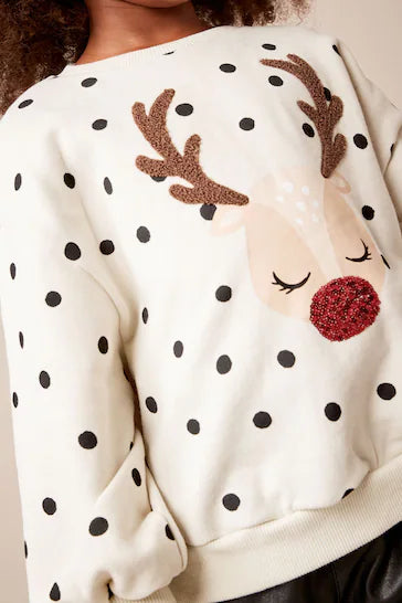|BigGirl| Natal Suéter De Moletom De Natal - Ecru Cream Reindeer Spot (3-16 anos)