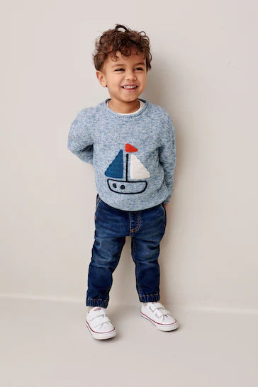 |Boy| Suéter De Tripulação De Malha De Barco Com Personagem Azul (3 meses a 7 anos)
