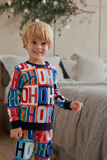 |BigGirl| Natal Pijama Aconchegante HoHoHo Azul Marinho Combinando Com a Família Para Meninos (9 meses a 16 anos)