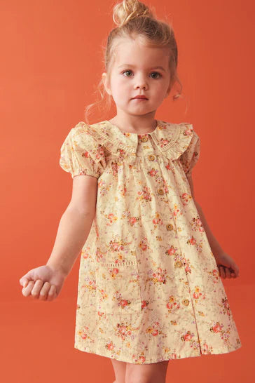 |Girl| Vestido Creme Floral Com Gola Estampada (3 meses a 8 anos)