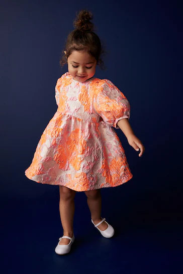 |BigGirl| Vestido de baile floral jacquard - rosa/laranja (12 meses a 10 anos)