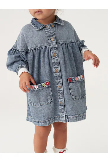 |Girl| Vestido camisa de algodão - Blue Denim Embroidered (3 meses a 8 anos)