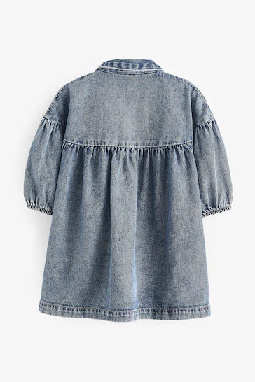 |Girl| Vestido camisa de algodão - Blue Denim Embroidered (3 meses a 8 anos)