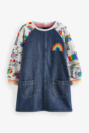 |Girl| Vestido Jeans Raglan - Rainbow Character Print (3 meses a 8 anos)
