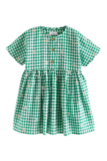|Girl| Vestido De Algodão Descontraído - Green Embroidered Daisy (3 meses a 8 anos)