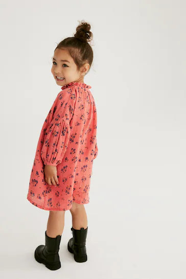 |Girl| Vestido De Algodão Com Gola Babado - Coral Pink Ditsy (3 meses a 8 anos)