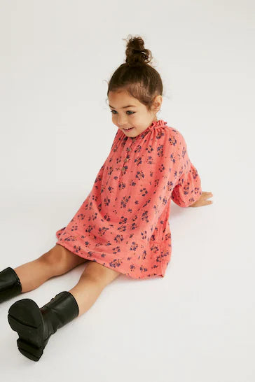 |Girl| Vestido De Algodão Com Gola Babado - Coral Pink Ditsy (3 meses a 8 anos)