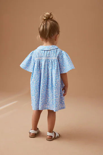 |Girl| Vestido Franzido De Algodão - Blue Ditsy (3 meses a 7 anos)