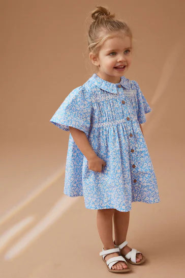 |Girl| Vestido Franzido De Algodão - Blue Ditsy (3 meses a 7 anos)