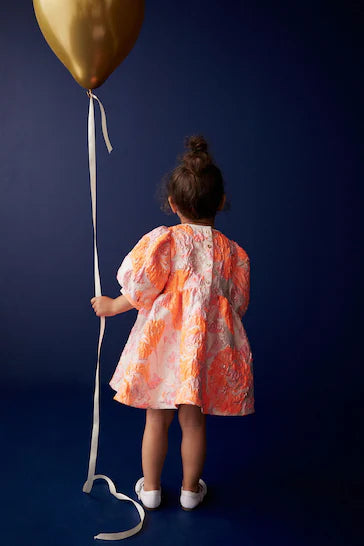 |BigGirl| Vestido de baile floral jacquard - rosa/laranja (12 meses a 10 anos)