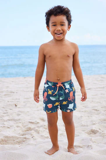 |Boy| Shorts De Banho Estampados Em Azul Marinho (3 meses a 7 anos)
