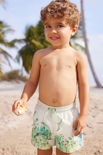 |Boy| Shorts De Banho Estampados - Branco/Verde (3 meses - 7 anos)
