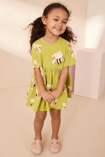 |Niña| Vestido de punto verde de manga corta (3 meses a 7 años)