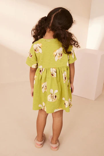 |Niña| Vestido de punto verde de manga corta (3 meses a 7 años)