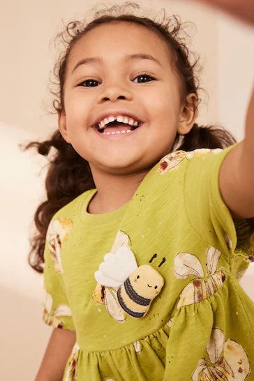 |Niña| Vestido de punto verde de manga corta (3 meses a 7 años)