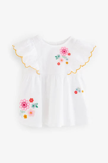 |Girl| Blusa bordada flor branca laranja (3 meses - 7 anos)