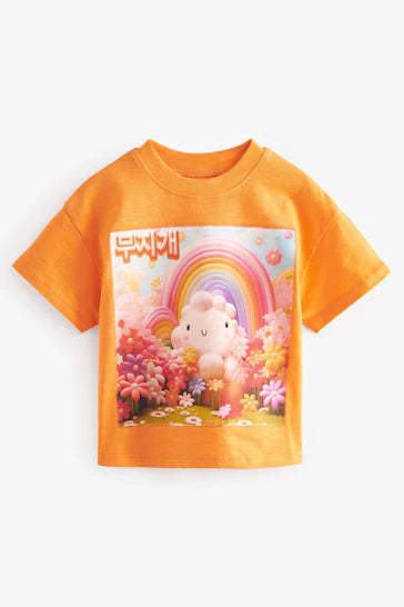 |Girl| Camiseta de manga curta Orange Cloud Character (3 meses - 7 anos)