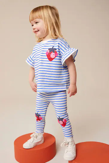 |Girl| Camiseta de manga curta com listras azuis e morango (3 meses - 7 anos)