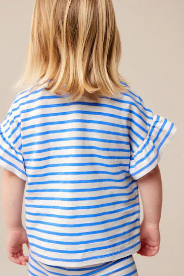 |Girl| Camiseta de manga curta com listras azuis e morango (3 meses - 7 anos)