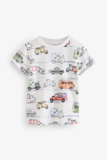 |Boy| Camiseta De Manga Curta Com Estampa Completa - Transporte Branco (3 Meses - 7 Anos)