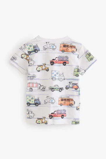 |Boy| Camiseta De Manga Curta Com Estampa Completa - Transporte Branco (3 Meses - 7 Anos)